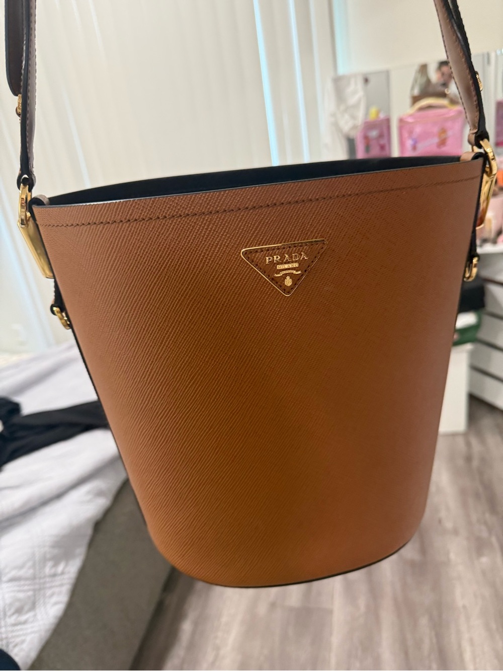 Prada Tan Saffiano Leather Bucket Shoulder Bag